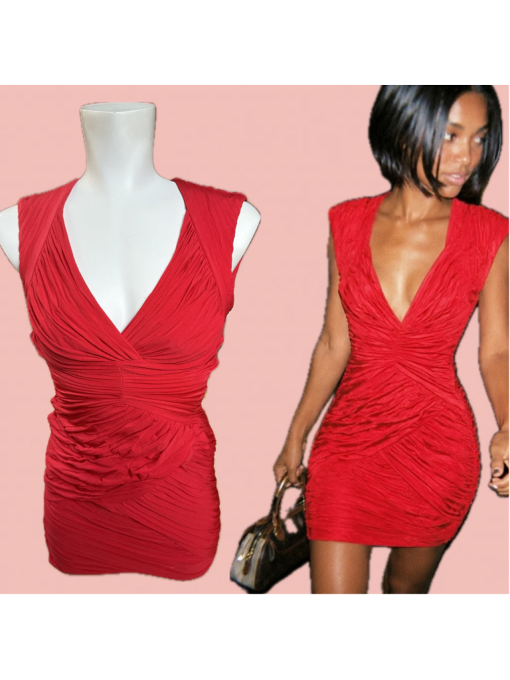BCBG Max Azria Red Ruched Mini Party Dress Size S